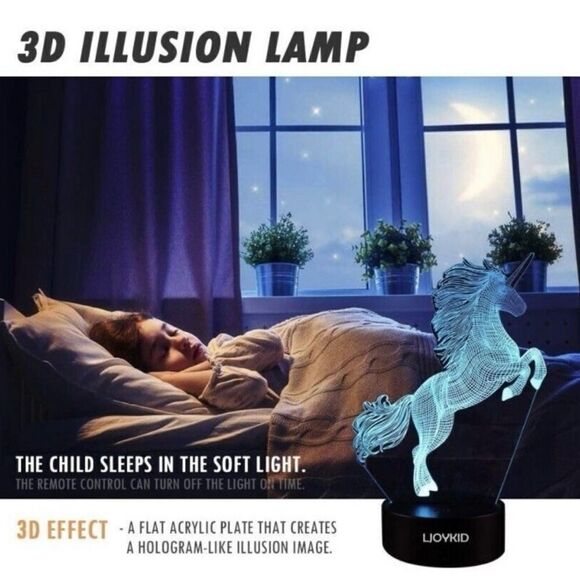 Ljoykid 3pcs 3D Unicorn Night Light 3 Patterns 7 Colors With Remote Control NIB - Picture 5 of 7